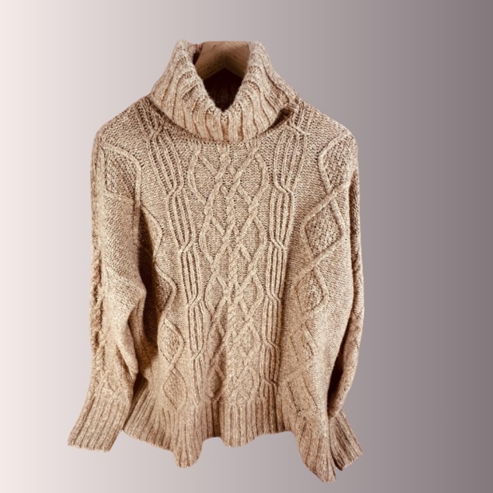 American Eagle Women's Oversized Brown Turtleneck Cable Knit Wool Sweater MEDIUM